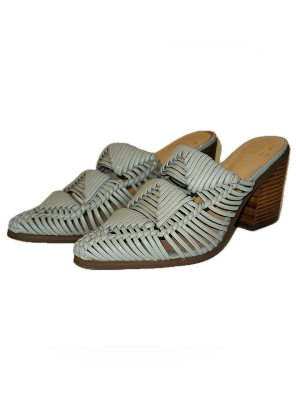 NWT, Crown & Ivy “Piper” Gray Huarache Open Back Block Heel Mules, Sz 7.5